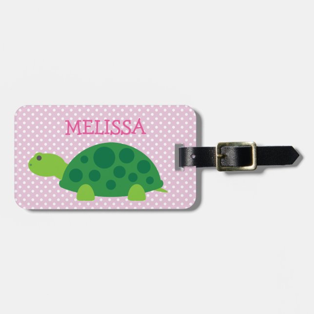 Custom kids travel luggage tag with cute turtle (Front Horizontal)