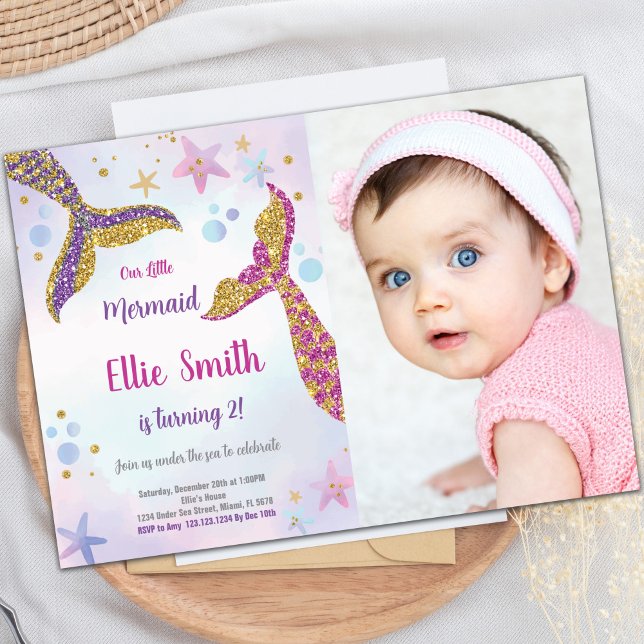 Custom Kids Under the Sea Party Invite (Gold Glitter Mermaid Invitations with photo)