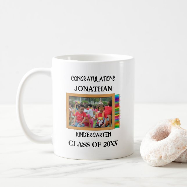 Custom kindergarten graduate chalkboard photo coffee mug (With Donut)