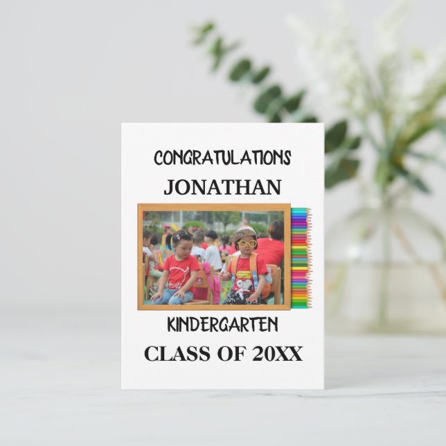 Custom kindergarten graduate chalkboard photo holiday postcard (Standing Front)