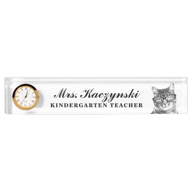 Custom kindergarten school teacher cute cat clock nameplate (Front)