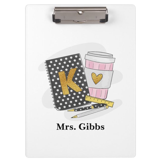 Custom Kindergarten Teacher Black Notebook Coffee Clipboard (Front)
