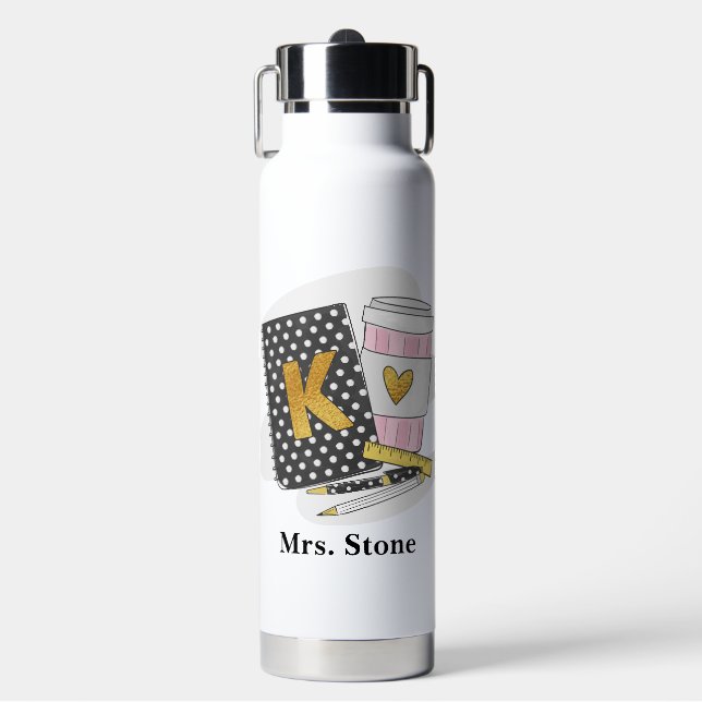 Custom Kindergarten Teacher Black Notebook Coffee Water Bottle (Front)