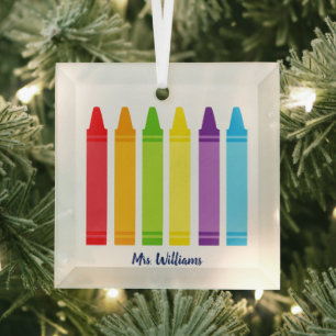 Custom Kindergarten Teacher Cute Crayon Christmas Glass Tree Decoration