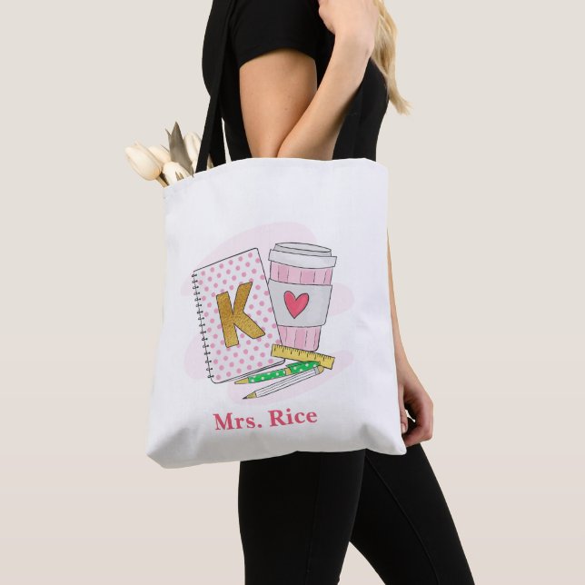 Custom Kindergarten Teacher Pink Book Coffee Tote Bag (Close Up)
