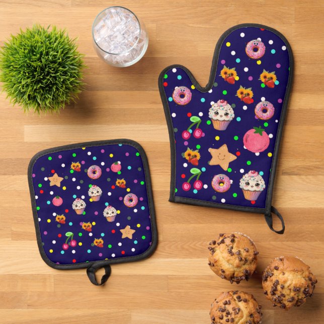 Custom Kitchen All-Over Print Apron Oven Mitt & Pot Holder Set (Top Down)