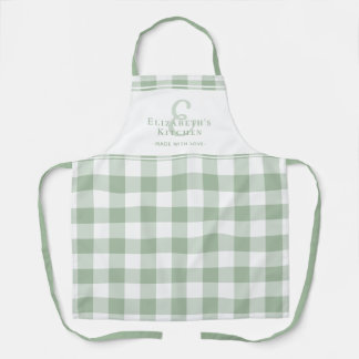 Custom Kitchen Monogram Name Gingham Check Green Apron