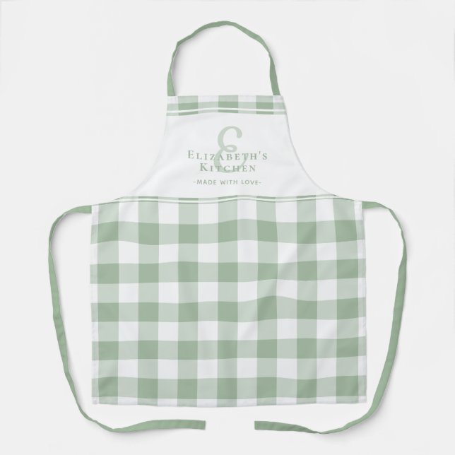 Custom Kitchen Monogram Name Gingham Check Green Apron (Front)