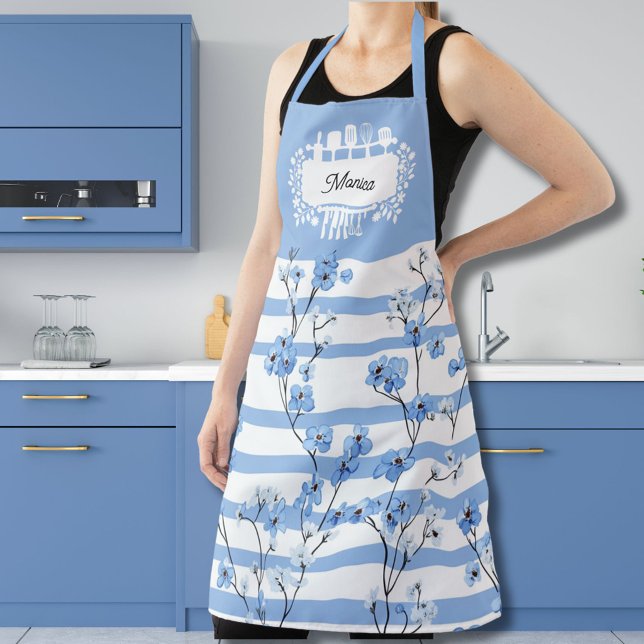 Custom Kitchen-Themed Name Blue Blossoms Striped Apron (Creator Uploaded)