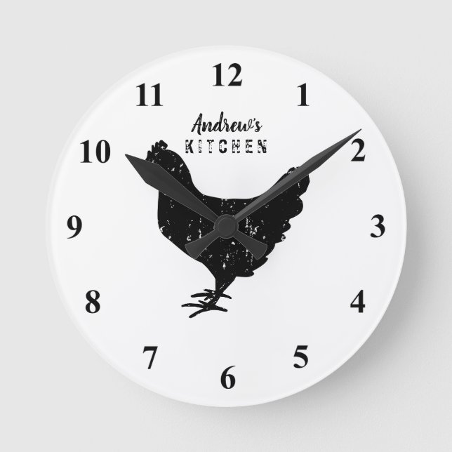 Custom kitchen wall clock with rustic chicken logo (Front)