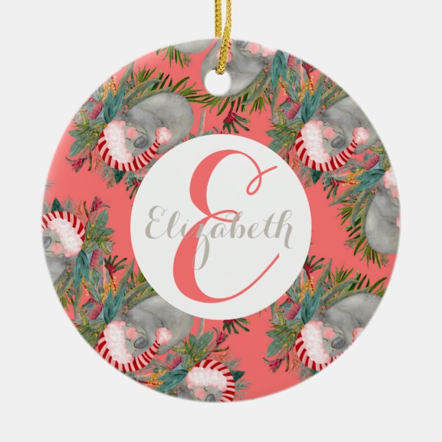 Custom Koala Christmas Pink Ceramic Ornament (Front)