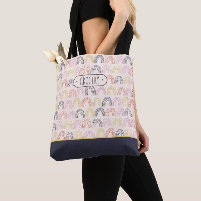 Custom Label Cute Boho Rainbow Grocery Tote Bag (Close Up)