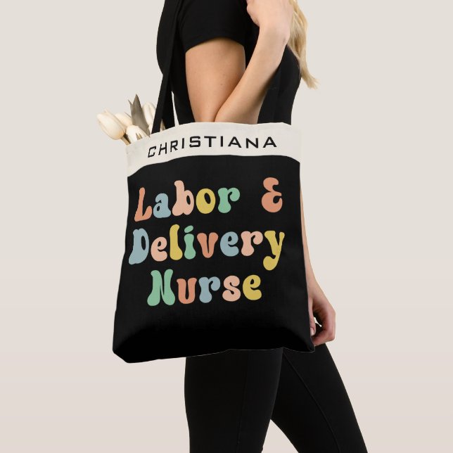 Custom Labour and Delivery Nurse Groovy Retro Tote Bag (Close Up)