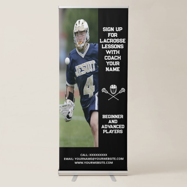 Custom Lacrosse Coach Coaching Class Lessons Black Retractable Banner (Front)
