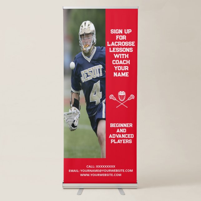 Custom Lacrosse Coach Coaching Class Lessons Red Retractable Banner (Front)