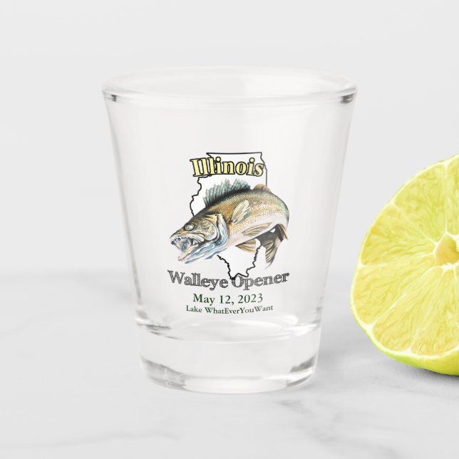 Custom Lake and Date Illinois Walleye Opener Shot Glass (Front)