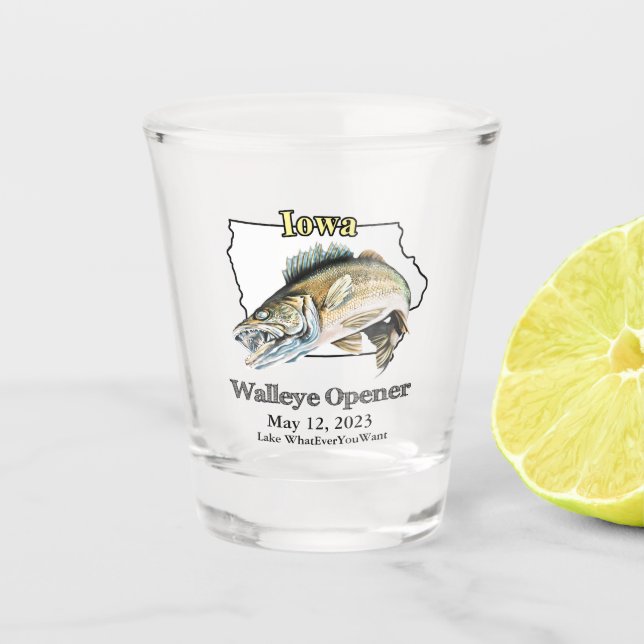  Custom Lake and Date Iowa Walleye Opener Shot Glass (Front)