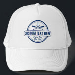 Custom Lake, Beach House & Boat Nautical Anchor Trucker Hat<br><div class="desc">Head to the water in style wearing this custom lake house/beach house/boating hat. A vintage logo style design features a nautical anchor and 2 criss-crossed paddles. Personalise with 3 lines of custom text - add your lake/beach name, family name, cabin/beach house, boat name, town, city, date, etc - whatever you'd...</div>