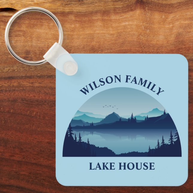 Custom Lake House Family Home Blue Key Ring (Front)