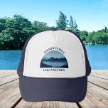 Custom Lake House Family Reunion Summer Vacation Trucker Hat<br><div class="desc">These cool custom lake house hats feature a serene blue river surrounded by trees and your personalised text for a family reunion,  camping trip,  or summer vacation. Customise this cap with your last name or other group name.</div>