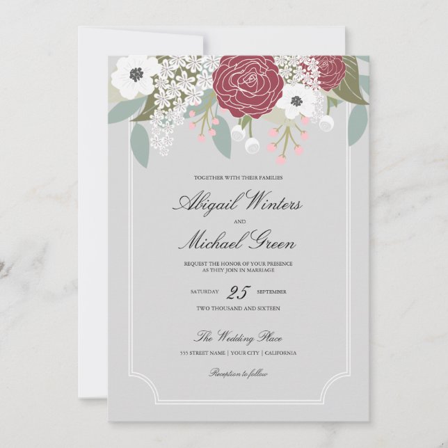 Custom Large Floral -Burgundy- Wedding Invitation (Front)