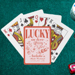 Custom Las Vegas Bachelorette Party Personalised  Playing Cards<br><div class="desc">Make your bachelorette celebration unforgettable with our Pink and Red "Lucky in Love" Las Vegas Bachelorette Party Customised Poker Cards. These vibrant cards combine fun and functionality, perfectly capturing the spirit of a "Drunk in Love" themed weekend. Featuring playful motifs like "Vegas Before Vows" and "Lucky in Love Bachelorette Weekend,...</div>