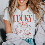 Custom Las Vegas Bachelorette Party Personalised T-Shirt<br><div class="desc">Celebrate your unforgettable Las Vegas bachelorette party with our Red "Lucky In Love" Custom Las Vegas Bachelorette Party Personalised T-Shirts. These vibrant shirts feature a retro casino-inspired design, perfect for capturing the excitement of your bach trip. Whether you're exploring the Strip or enjoying a night out at the casinos, these...</div>
