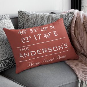 Custom Latitude Longitude Family Name Home Address Decorative Cushion