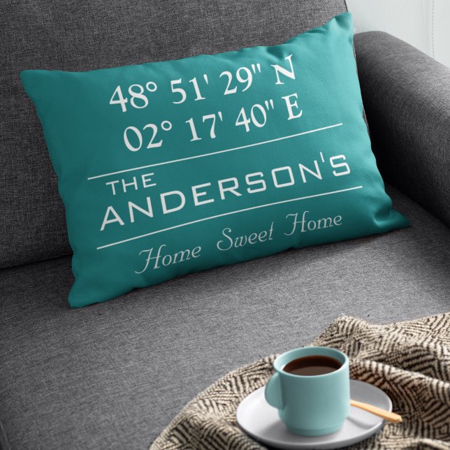 Custom Latitude Longitude Family Name Home Address Decorative Cushion (Creator Uploaded)