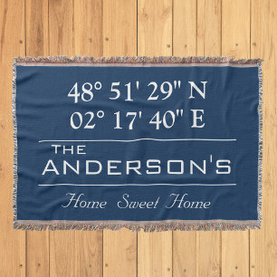 Custom Latitude Longitude Family Name Home Address Throw Blanket