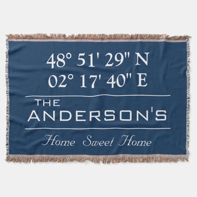 Custom Latitude Longitude Family Name Home Address Throw Blanket (Front)