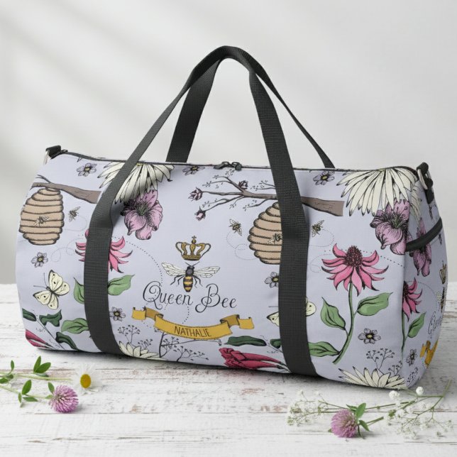 Custom Lavender, Black & Gold Queen Bee & Crown Duffle Bag (Feminine Floral Queen Bee Duffle Bag for Her. Modern Bees, Honeybees, Beehive Insect Flower Pattern.)