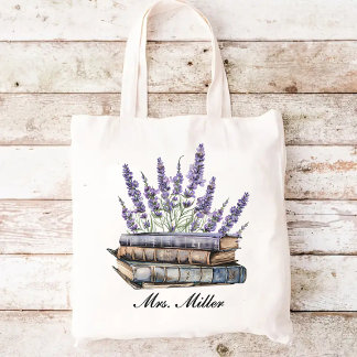 Custom Lavender Floral Book Tote Bag for Teacher