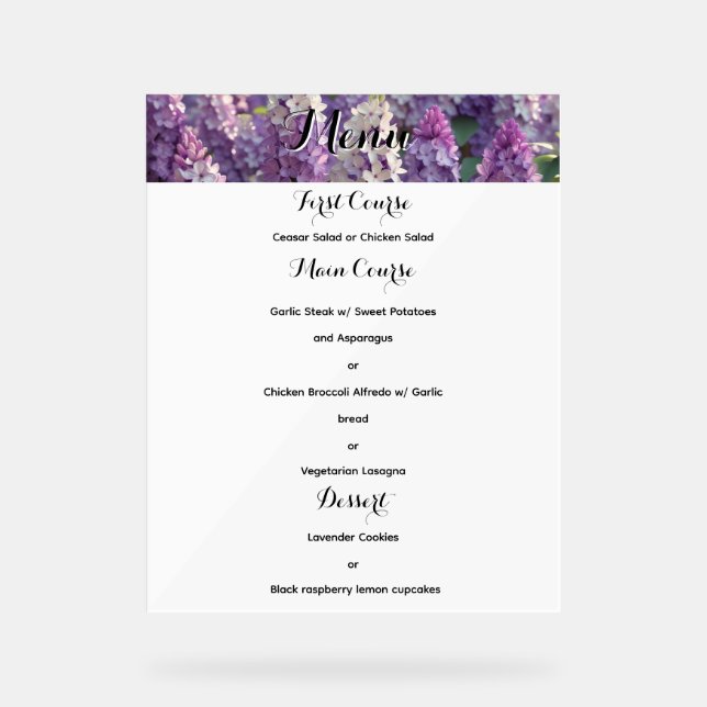 Custom Lavender FLower Wedding Menu Acrylic Sign (Front)