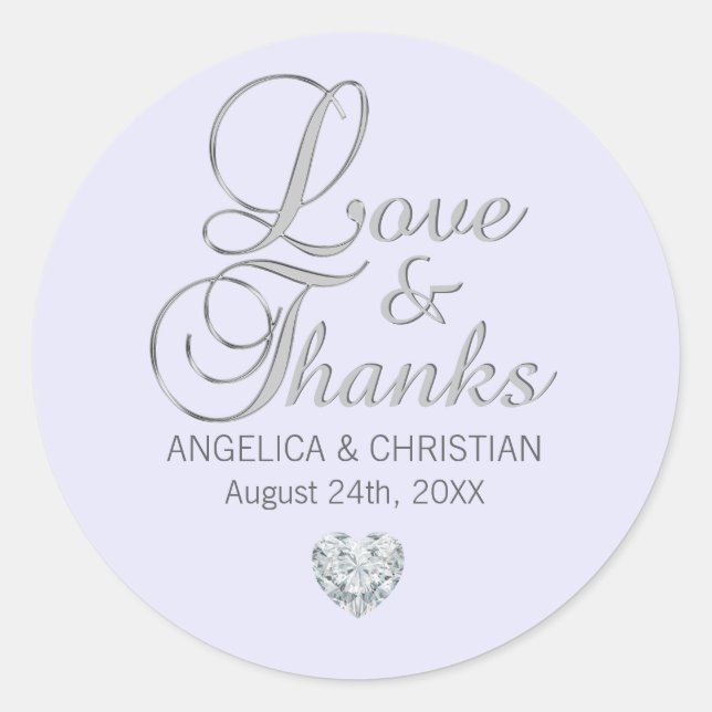 Custom Lavender Heart Wedding Love & Thanks Classic Round Sticker (Front)