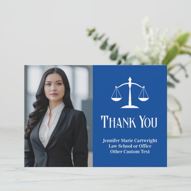Custom Law Office Blue White Lawyer Photo Thank You Card (Standing Front)
