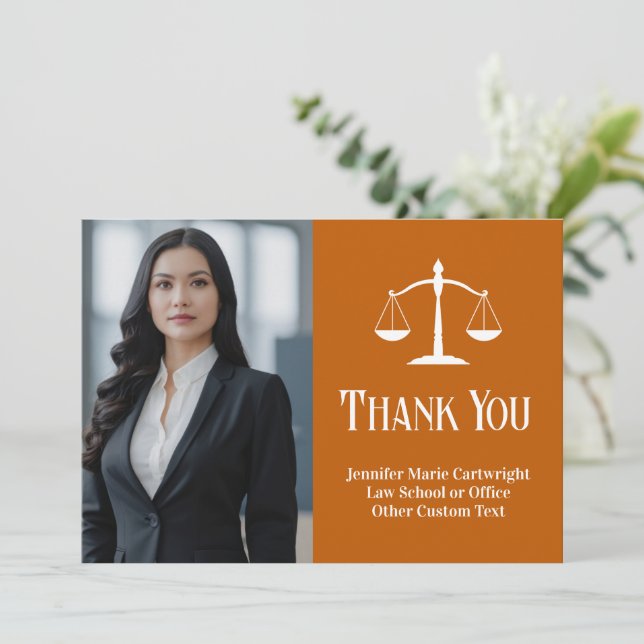 Custom Law Office Orange White Lawyer Photo Thank You Card (Standing Front)