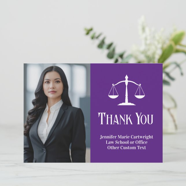 Custom Law Office Purple White Lawyer Photo Thank You Card (Standing Front)