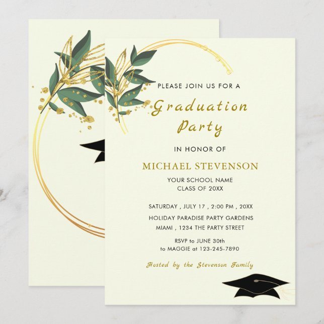 Custom Leaves Gold Graduation Invitation Template (Front/Back)