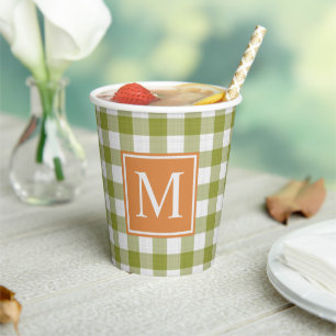 Custom Leaves Green Pumpkin Orange Gingham Pattern Paper Cups
