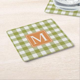 Custom Leaves Green Pumpkin Orange Gingham Pattern Square Paper Coaster