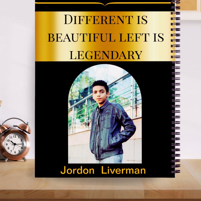 Custom Left-Handed Black Gold Photo Name for Boys Notebook (Creator Uploaded)