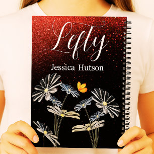 Custom Left-Handed Glitter Floral Name Gift Girls Notebook