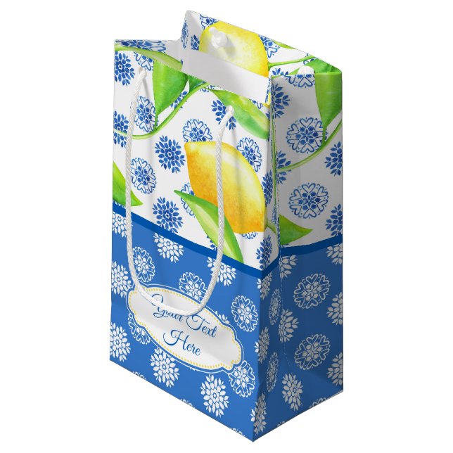 Custom Lemon and Blue Azulejos Small Gift Bag (Front Angled)