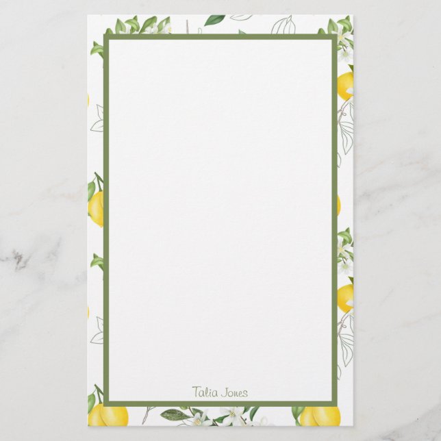 Custom Lemon and Flower Stationery Paper (Front)