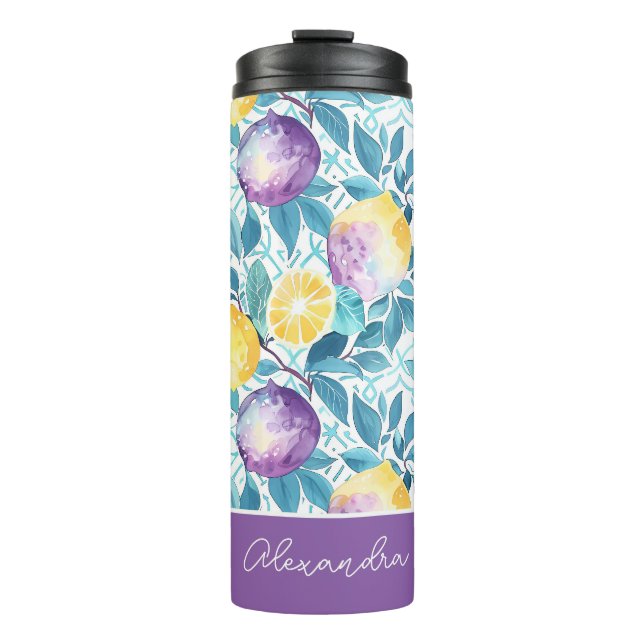 Custom Lemon Pattern Water Bottle with Name (Front)