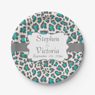 Custom Leopard Aqua, Grey, White Paper Plates