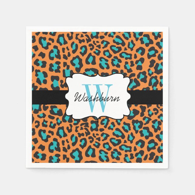 Custom Leopard Orange Black Aqua Cocktail Napkin (Front)