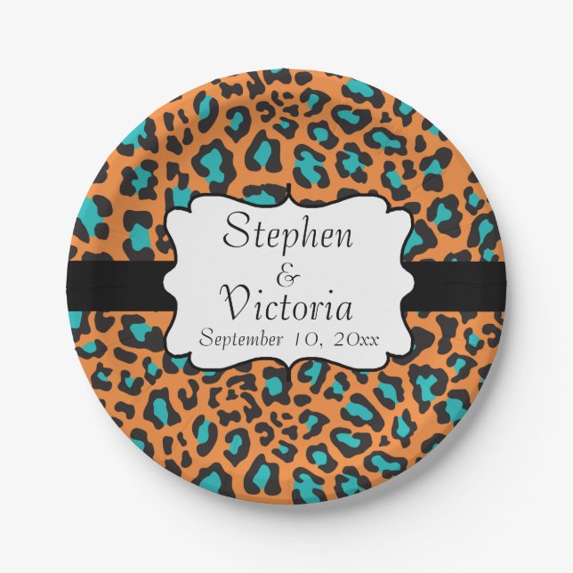 Custom Leopard Orange Black Aqua Paper Plates (Front)