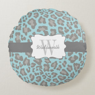 Custom Leopard Print Blue and Grey Round Pillow